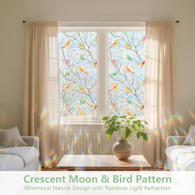 Kromapolis Window Privacy Film, Stained Glass Sticker Window Clings, Decorative Static Clings UV Blocking Colorful Decals, Removable Vinyl Covering Rainbow Bird, 29.5'' x 78.7''