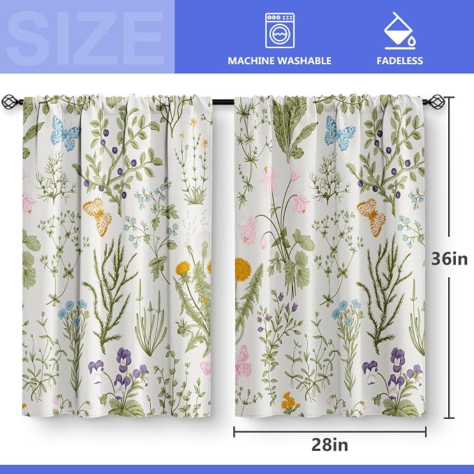Aimego Flowers Floral Kitchen Curtains - Leaves Spring Botanical Small Short Tier Cafe Window Curtains for Bathroom Living RV Room Rod Pocket Window Drapes 36 Inch Length 2 Panels Set 28"x36"
