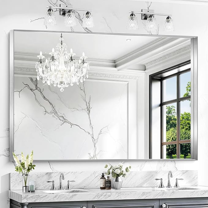 CIRCUMI Silver Bathroom Mirror, 40"x60" Rectangular Mirror with Deep Metal Frame, Brushed Finish, Tempered Glass, Large Mirror for Wall, Over 2 Sinks, Installed Vertically/Horizontally, Crystal-Clear