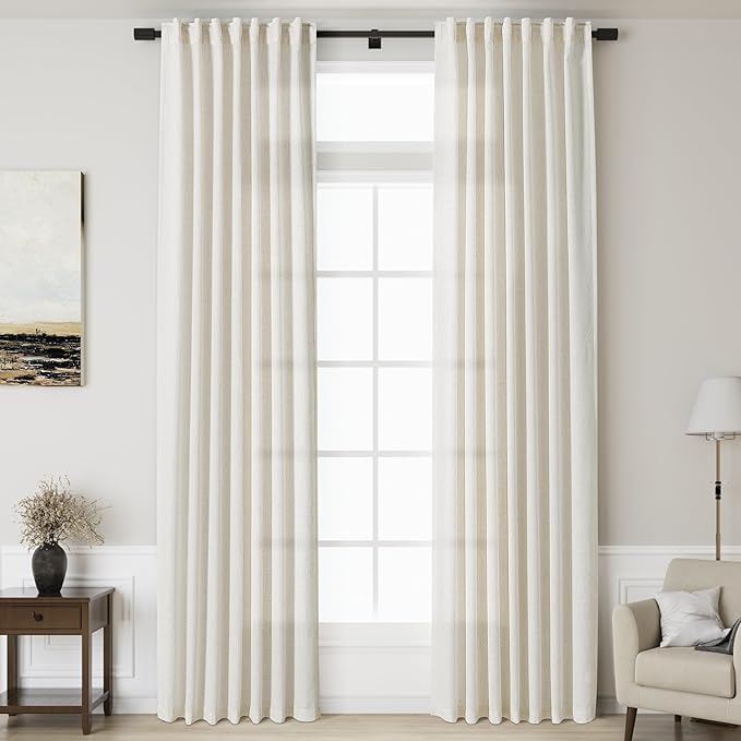 Nanspring Extra Long Curtains 2 Panels 141 Inches Long for Dinning Room Cream Back Tab Rod Pocket Light Filtering Semi Sheer Drapes Cotton Linen Textured Window Curtain for Bedroom 52x141