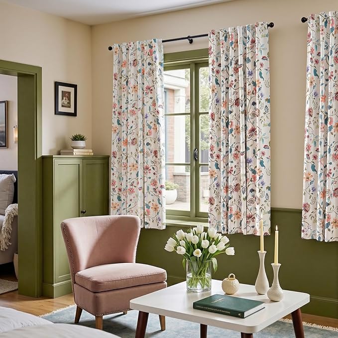 jinchan Hattie Beige Floral Blackout Curtains 63 Inch Length – Room Darkening Vintage Curtains Cream Botanical Drapes for Living Room & Bedroom, Elegant Farmhouse Window Panels, Set of 2 Panels