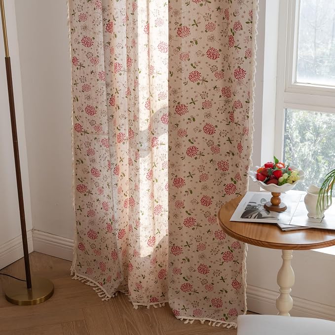 OYX Boho Curtains 84 Inch Length 2 Panels for Living Room, Bedroom Light Filtering Drapes, Farmhouse Vintage Country French Rustic Tassels Pattern Rod Pocket Aesthetic Decor Window Treatments