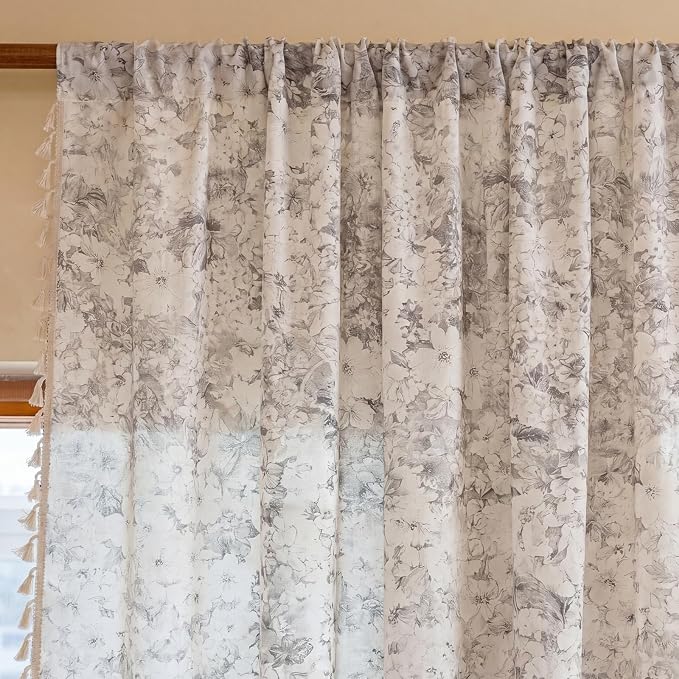 OYX Boho Floral Curtains 63 Inch, Linen Farmhouse Flower Drapes with Lace & Tassels, Light Filtering Semi Sheer Curtains for Living Room Bedroom, 2 Panels