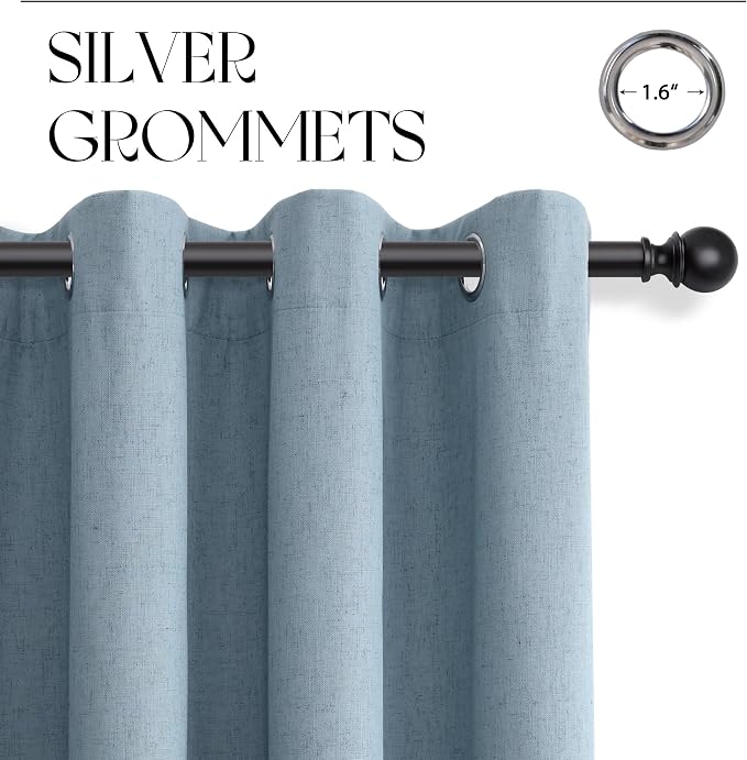 Jowels Blue Linen Blackout Curtains 108 Length 2 Panels Set for Living Room Bedroom, 100% Black Out Thermal Insulated Linen Drapes, Room Darkening Grommet Curtains 108 Inches Long
