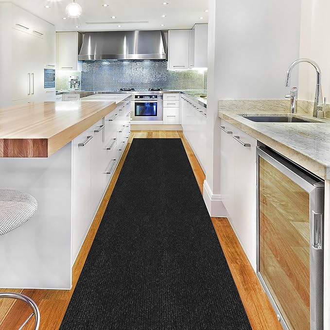 Ottomanson 2' x 54' Hallway Runner with Scraper Pile Extra Durable Non-Slip Rug Mat for Indoor & Outdoor Use - Ideal for Kitchen, Entryway, Patio & Garage - High-Traffic Carpet, Black