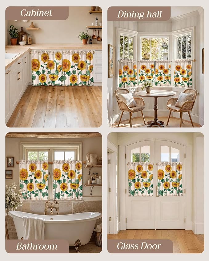Miss Adola Sunflower Kitchen Tier Curtains - 30 Inch Length Linen Blend Farmhouse Cafe Curtains Floral Small Window Treatments Over Sink Rod Pocket for Bathroom Living Room Light Filtering, 2 Panels