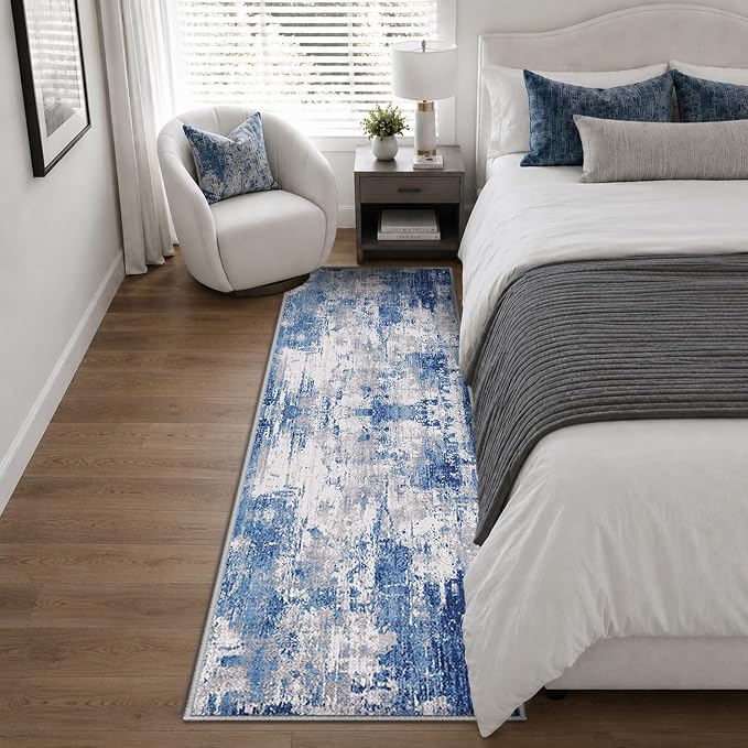 RELEANY Washable Area Rugs 2'x8' Non-Slip Modern Abstract Soft for Living Room Entryway Bedroom Kitchen, Print Pattern, Blue Grey Navy Gray