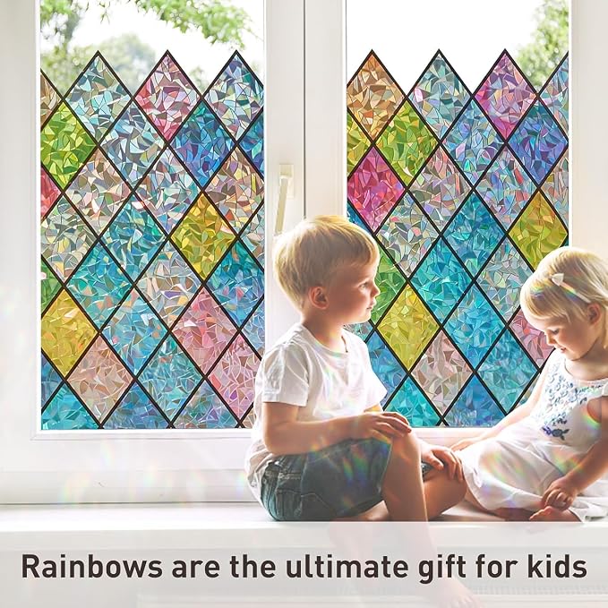 Sunbaby Window Privacy Film Stained Glass Decorative Rainbow Window Cling 3D Static Clings Colorful for Home Decoration, Anti-UV & Heat Control Non-Adhesive (35.4"x157.4")