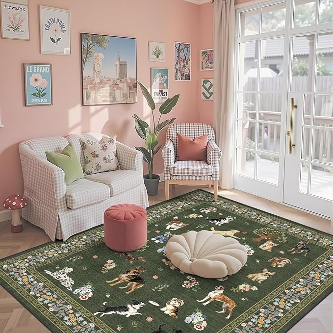 Area Rug 4x6 Dark Green Rug, Washable Boho Rugs Non Slip Low Pile Floral Dog Small Carpet for Bedroom, Bedside, Kids Room, Office, Dining Room(Dark Green, 4 x 6)
