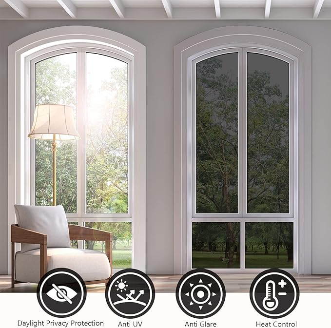KESPEN One Way Window Privacy Film, Reflective Heat Sun Blocking Window Tint, See Out Not in(Light Outside Strong Than Inside) Window Films for Home Door, 35.4 Inch X 196.8 Inch, Black-Silver