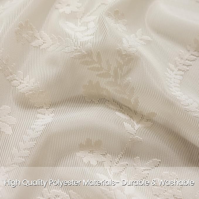 WAZZIO Boho Lace Curtains 2 Panels 80 Inches -Cute Vintage Victorian Sheer Panel Drape French Country Floral Pattern & Tassel Light Filtering Privacy for Bedroom Dining Living Room,Beige,W52x L80
