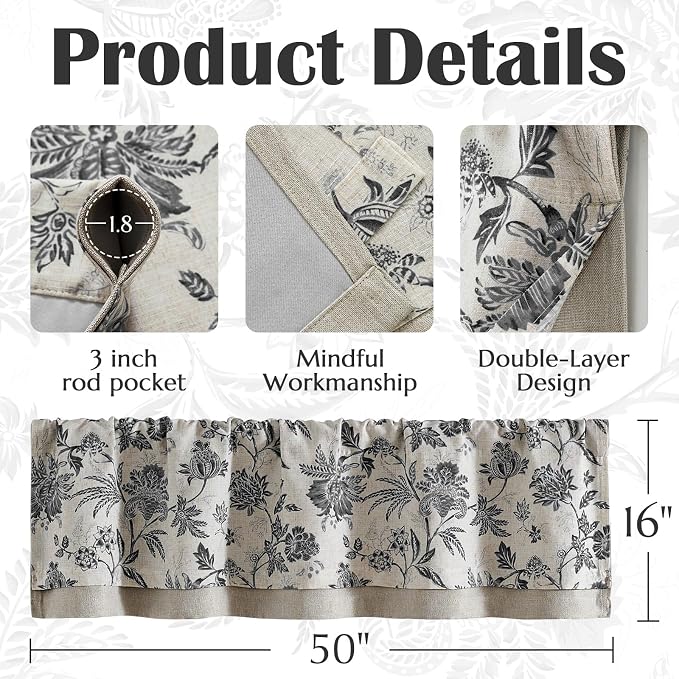jinchan Linen Valance Curtain Window Treatment for Kitchen Bedroom Living Room RV Light Filtering 16 Inch Double Layer Farmhouse Vintage Cottagecore Valance Rod Pocket 1 Panel Black on Beige
