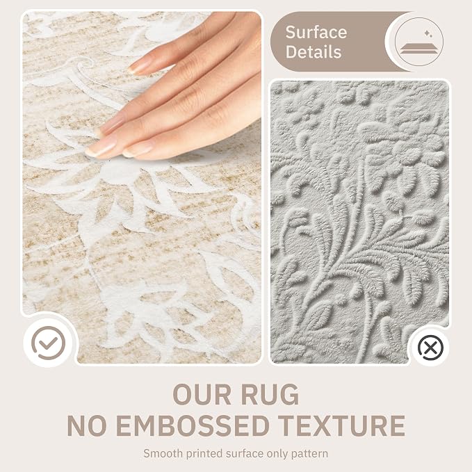 Soalmost Washable Round Rug 8ft for Living Room, Soft Circle Area Rug Beige | Vintage Floral Ultra-Thin Non-Slip Rugs, 8x8 Round Throw Carpet for Dining Room Nursery Bedroom Kitchen 8'Round