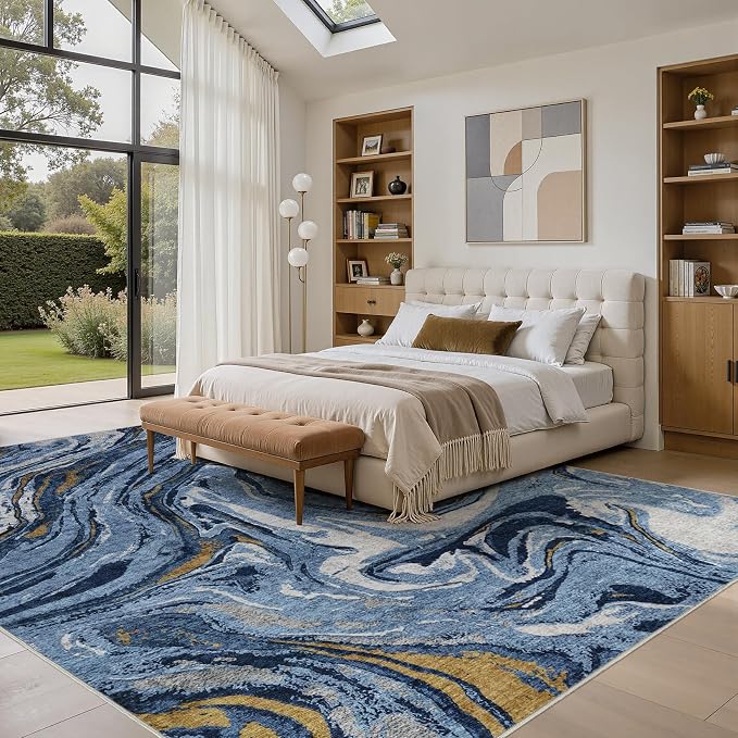 DMOYEST 10x14 Area Rug for Living Room - Washable Neutral Modern Abstract Rugs Soft Non-Slip Carpet Low Pile Indoor Floor Mat for Bedroom & Dining Room Decor for Families with Kids and Pet- Dark Blue