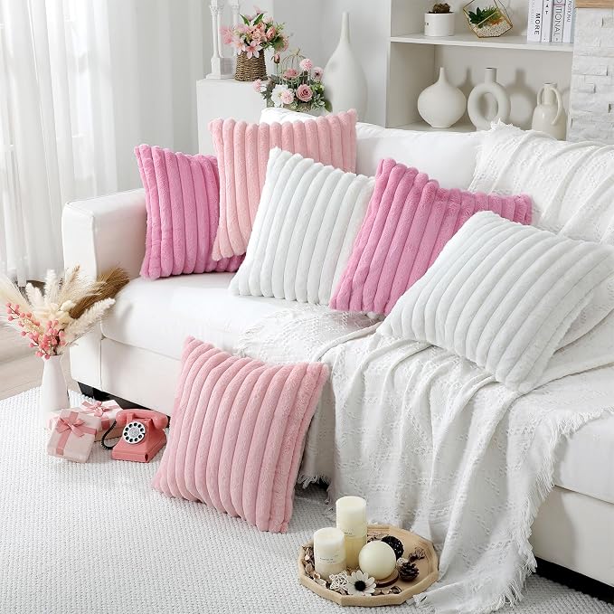 Mixweer 6 Pcs Faux Fur Plush Throw Pillow Covers 18x18 Inch Soft Decorative Striped Pillow Covers with Velvet Back for Coquette Party Sofa Home Wedding Classroom Decor, Pink, Light Pink, White