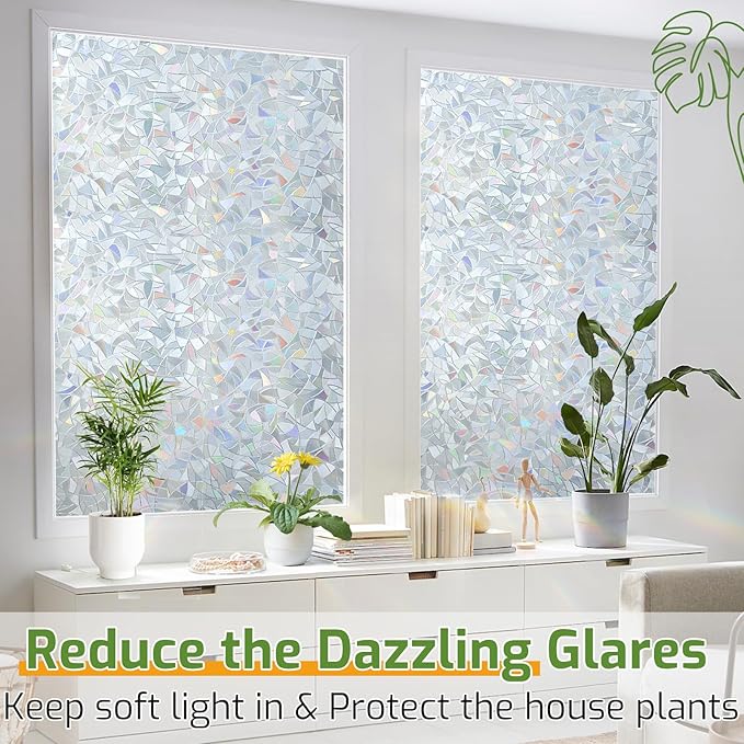 LUTE Window Privacy Film, Rainbow Window Flim, 3D Decorative Stained Glass Cling, Non-Adhesive Vinyl Static Cling UV Blocking Heat Control One Way Glass Covering for Home, Silver, 23.6 x 78.7 inches