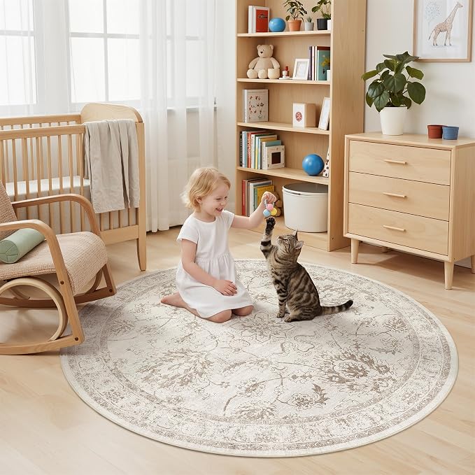 Madane Washable Round Rug 5ft for Living Room, Soft Ultra-Thin Non-Slip Vintage Floral Circle Area Rug, 5x5 Round Throw Carpet for Entryway Nursery Bedroom Kitchen Dining Room (Brown/Ivory, 5'Round)