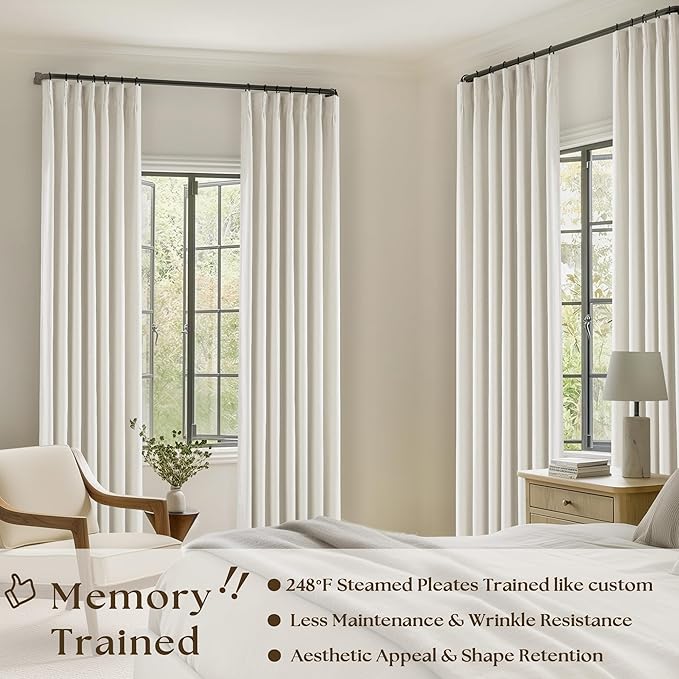 Natural Linen Blackout 112 Inch Curtains for Living Room 2 Panels Set Pinch Pleated Back Tab Drapes Farmhouse Thermal Insulated Full Black Out Curtains 112 Length High Ceiling to Floor Cream Ivory