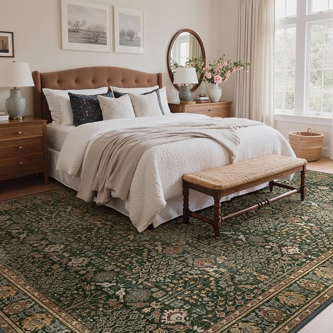 Bavni Washable Rugs 10x14-Machine Washable Rug Lightweight Low Pile, Vintage Floral Rug Non-Shedding Distressed Throw Carpet for Living Room Bedroom Office, Dark Green/Multi