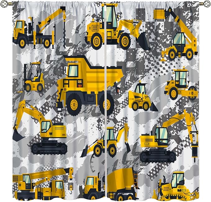 Kids Cartoon Car Curtain Yellow Vehicle Graffiti Excavator for Boys Kids, Window Treatments Curtains Bedroom Cafe Dining Room Living Room Kitchen Office Drapes, 52x96 in