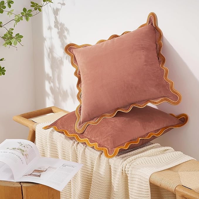 MONDAY MOOSE Decorative Throw Pillow Covers Cushion Cases, Set of 2 Soft Velvet Scalloped Wavy Edge Designs, Mix and Match for Home Decor, Pillow Inserts Not Included (16x16 inch, Pink/Honey)