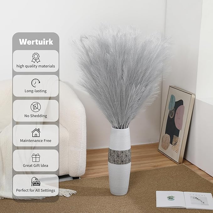 Wertuirk Silver Pampas Grass Decor, 8 Pcs 45 Inch Tall Large Faux Pompous Grass, Long Artificial Flowers for Floor Vases, Wedding Centerpieces, Baby Shower and Home Decoration (Silver)