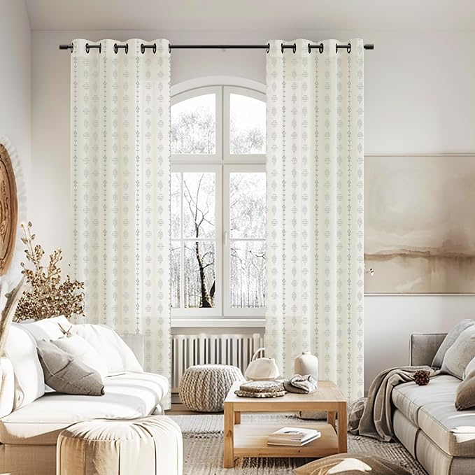 Grey Floral Sheer Curtains, Light Gray and Cream Beige Boho Pattern Curtains for Bedroom Living Room