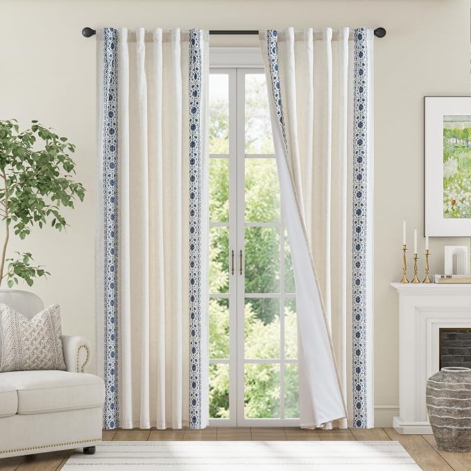 jinchan Weslie Boho Lined Linen Curtains for Bedroom Blue Vintage Floral Farmhouse Curtains 90 Inches Long Linen Drapes for Living Room Embroidered Drapes Rod Pocket Blue on Beige 2 Panels