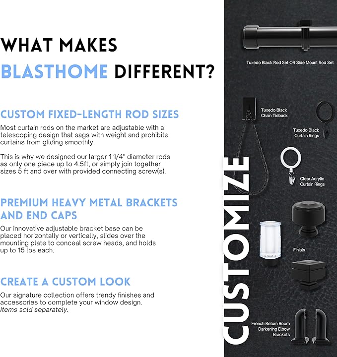 BlastHome® Non-Adjustable Luxury Curtain Rods for Windows, 1 ¼” Rod Set, 10 foot Fixed Length (Three Rods Connect for a Seamless Look), Tuxedo Black