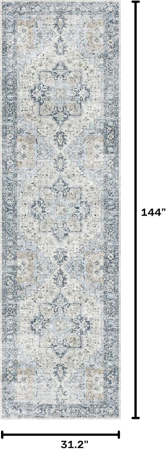 GENIMO Runner Rug 2'6"x12, Non Slip Vintage Hallway Runner Rugs, Low Pile Lightweight Machine Washable Mat for Hallway, Entryway, Bedroom, Kitchen and Corridor, Blue