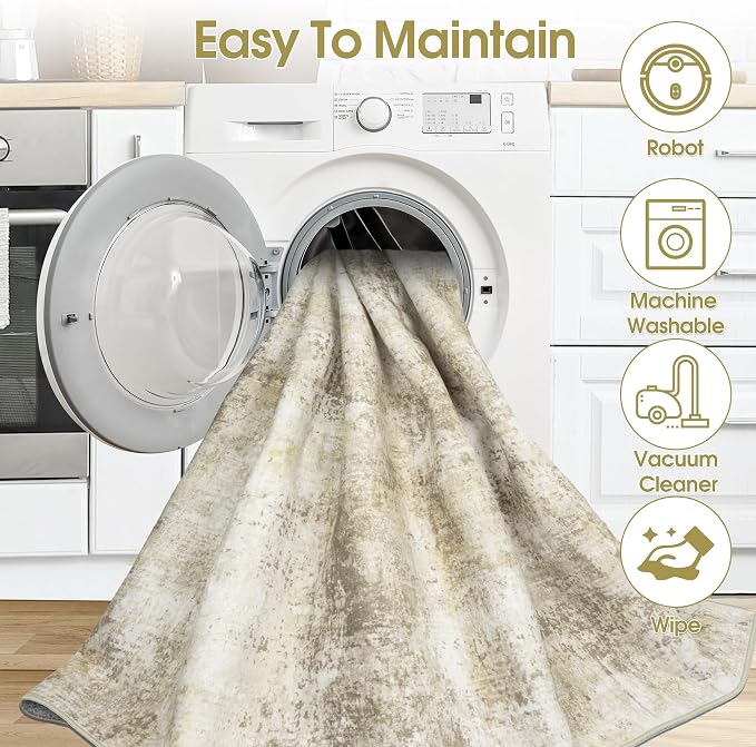 Area Rug Living Room Rugs: 5x7 Washable Rug with Anti-Slip Backing Non-Shedding Stain-Resistant Foldable Modern Abstract Carpet for Bedroom Dining Room Nursery Hallway Home Office Beige Grey