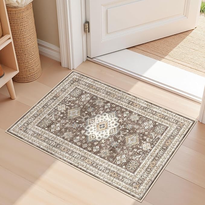 Vintage Living Room Area Rug 2x3 - Large Soft Washable Oriental Traditional Distressed Farmhouse Rugs for Bedroom - Indoor Floor Accent Carpet for Home Office House Decor - Dark Brown