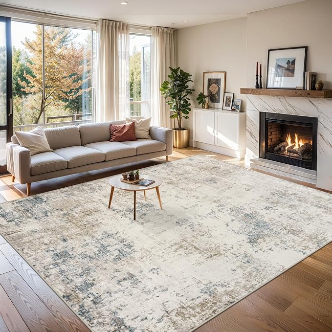 Area Rugs 9x12 Living Room - Washable Rug Modern Abstract Soft Large Neutral Non-Slip Carpet Indoor Floor Stain Resistant Thin Carpets for Bedroom Dining Room Farmhouse Nursery Home Office Multi