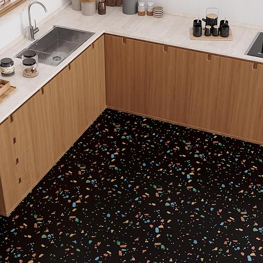VaryPaper 20 Pack 12"x12" Colorful Black Terrazzo Floor Tiles Peel and Stick Waterproof Self Adhesive Vinyl Tile Flooring Sticky Tiles for Floor Bathroom Removable Temporary Flooring for Renters