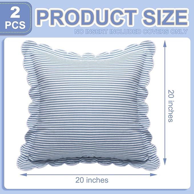 Newwiee 2 Pack Coastal Scalloped Pillow Cover 18 x 18 Inch Blue Stripe Throw Pillow Cover Cotton Decorative Pillowcase for Women Men Couch Living Room Cushion Indoor Outdoor Decoration