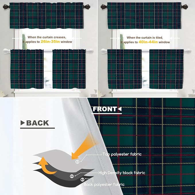 Shrahala Tartan Plaid Tier Curtains for Kitchen Windows,Green Scottish Fabric Kilt Twill Woven Window Curtain Panels Multilayer Polyester Blackout for Living Room Bathroom 2 Pack 26 x 24 in