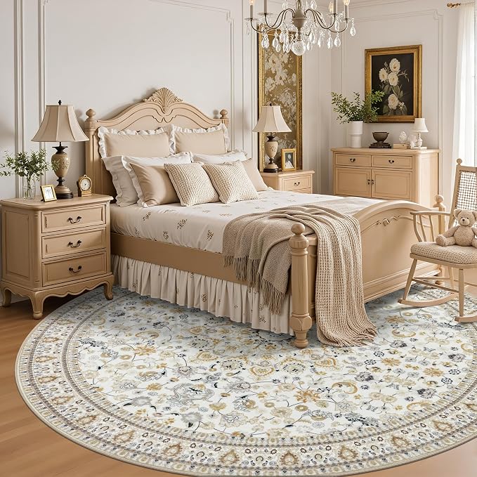 Round Area Rug for Living Room: 6ft Washable Vintage Boho Soft Thin Circle Rug Indoor Floor No Slip Stain Resistant Carpet for Bedroom Dining Room Farmhouse Nursery Home Office - Beige