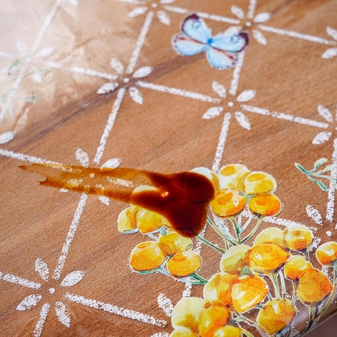 ARTABLE Clear Table Cover Protector Vinyl PVC Rectangle Table Cloth with Floral Print Pattern Oil Proof Wipe-able Plastic Tablecloths for Dining Tables Parties Holidays (Flowers, 55 x 120 Inches)