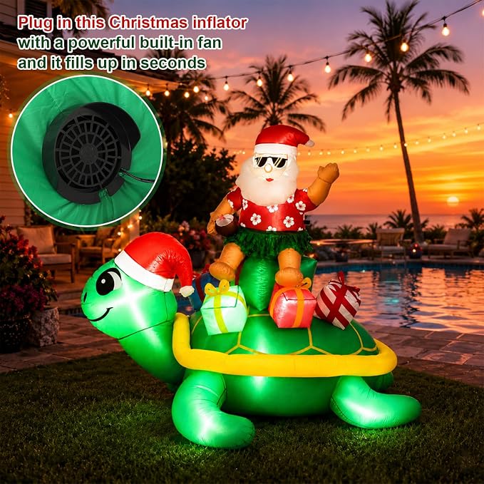 Leyndo Christmas in July Inflatable,6 ft Huge Christmas Inflatables Santa Claus Ride on Sea Turtle,Built-in LED Xmas Blow up Yard Decorations for Holiday Party Lawn Beach Supplies