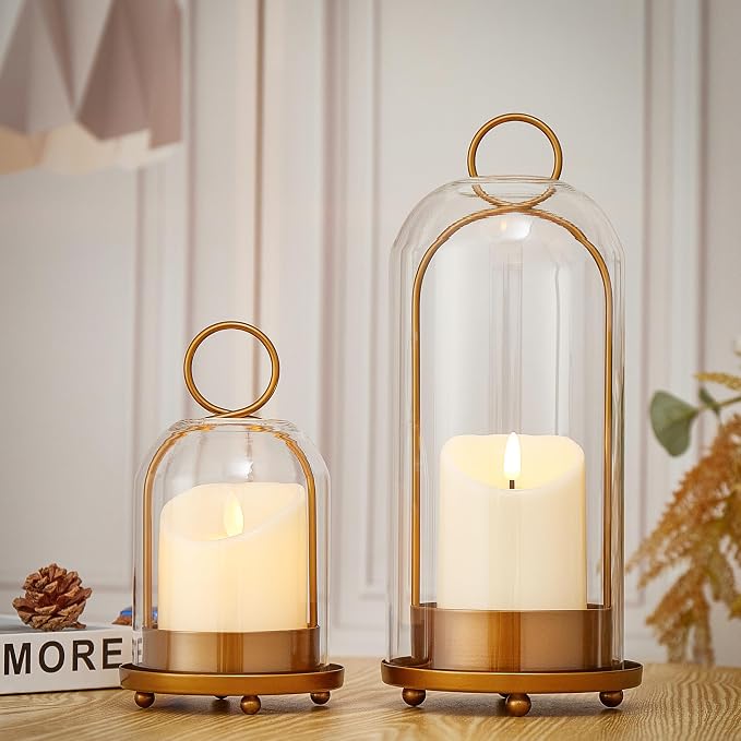 Hurricane Metal & Glass Candle Holder Set of 2 with Timer Candles, Decorative Candlestick Pillar Holder with Clear Glass for Wedding Party Holiday Dining Table Centerpiece Lanter, Gold