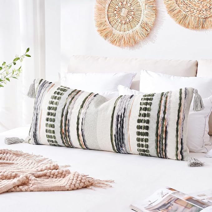 NUYECY Chenille and Cotton Long Pillow for Bed, Striped Textured Boho Lumbar Throw Pillow Cover 12x36, Neutral Accent Decorative Extra Long Body Pillow Case for Couch, Sofa, Bedroom, Sage Green