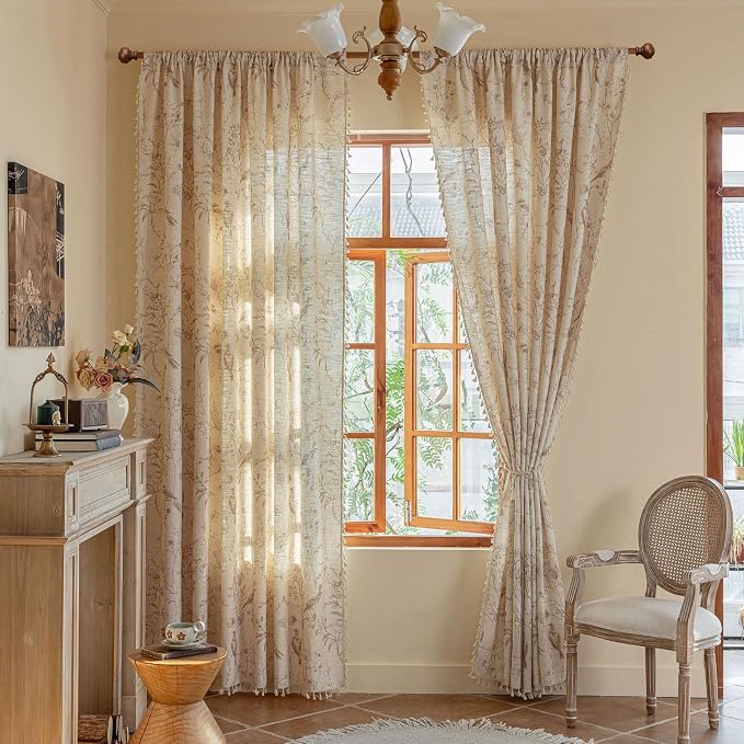 OYX Boho Curtains 63 Inches Long, Beige Semi Sheer Farmhouse Drapes with Floral & Garden Birds, Vintage Rod Pocket Window Curtain Set of 2 Panels for Kitchen Bedroom
