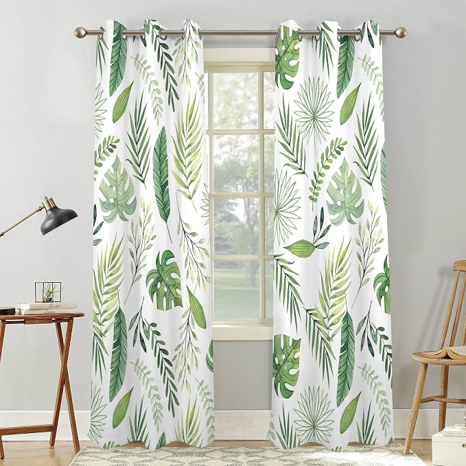 Renaiss Green Leaf Blackout Curtains, Tropical Safari Plants Patterned Thermal Insulated Bedroom Window Curtains, Eucalyptus Botanical Window Curtains for Kitchen, 45" L x 29" W 2 Panel Set