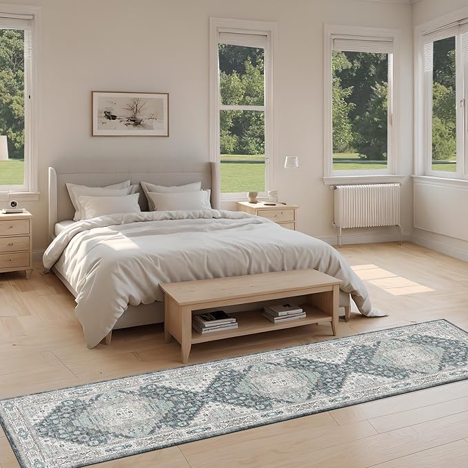 Washable Runner Hallway Rug,Low Pile 2x8 Non Slip Non-Shedding Kitchen Carpet Soft Indoor Stain Resistant Rug for Bedroom Laundry Room Bathroom Blue Beige Multi