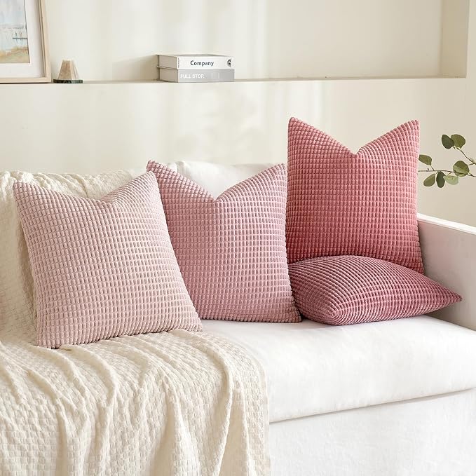 MIULEE Aesthetic Pink Spring Decorative Pillow Covers 18x18 Inch Set of 4 | Romantic Sweet Cute Soft Throw Pillows Coquette Home Decor Corduroy Couch Pillowcases for Sofa Living Room Bed