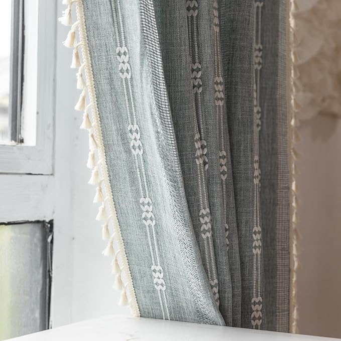 Boho Embroidery Striped Farmhouse Curtains - 84 Inch Long, 2 Panel Set, Blue Linen, Tassel, Semi-Blackout for Bedroom & Living Room (52" W x 84" L)