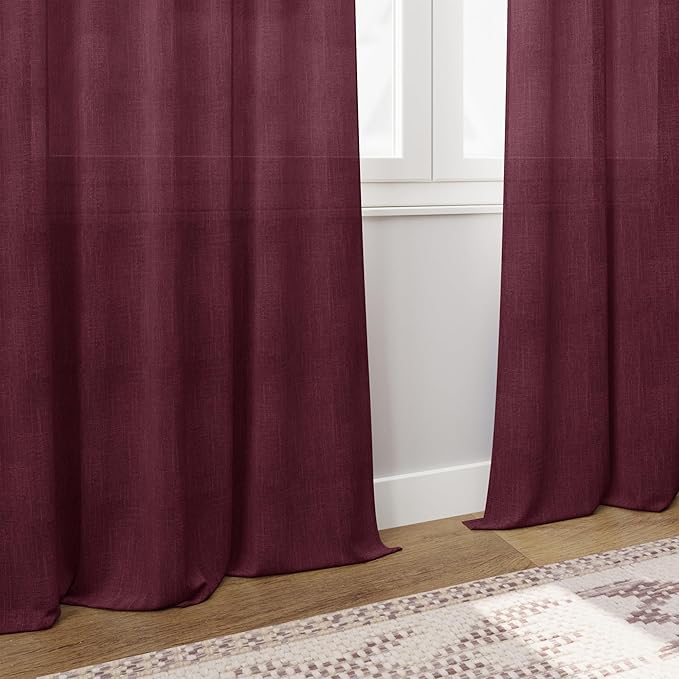 Nanspring Burgundy Linen Curtains 72 Inch Length for Living Room Semi Sheer Light Filtering Door Drapes 2 Panels Set for Kids Bedroom Light Filtering Back Tab Rod Pocket Modern Farmhouse Decor 52x72