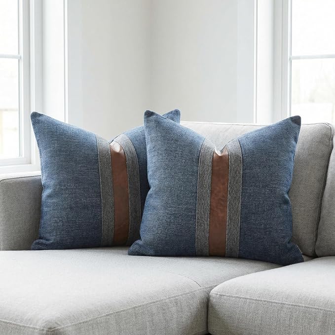 Set of 2 Leather Throw Pillow Covers Cotton Linen Decor Patchwork Pillow Cover Faux Leather Pillows Cover for Couch Sofa Living Room Bedroom,Navy Blue 22"x22"