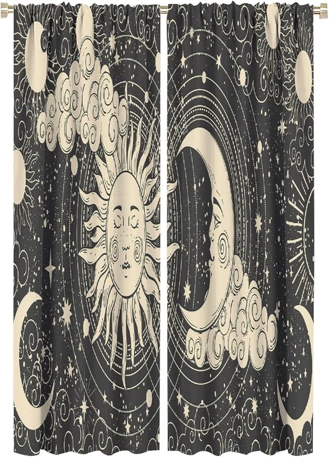 Bohemian Sun Moon Blackout Windows Curtains, Golden Sun Crescent Moon and Stars Vintage Cosmic Galaxy Printed Curtains, for Living Room Bedroom 52x84in 2 Panels