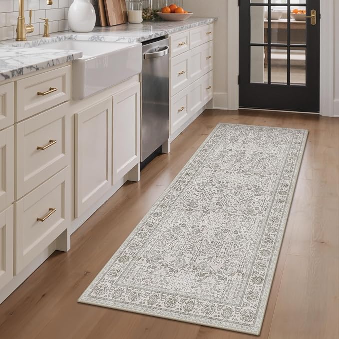Bavni 2.6x8 Rug Runners for Hallways, Washable Runner Rug Non Slip,Vintage Floral Print Style Rugs for Bedroom-Lightweight Low Pile Carpet for Hallways Bathroom, Light Grey